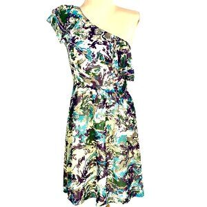 One-Shoulder Abstract Print Ruffled Dress Knee-Length Purple Watercolor Size M